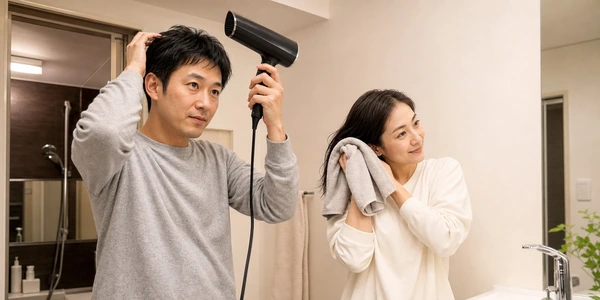 入浴後にやさしく髪を乾かす日本人男女