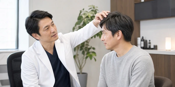 クリニックで男性医師に薄毛を相談する日本人男性