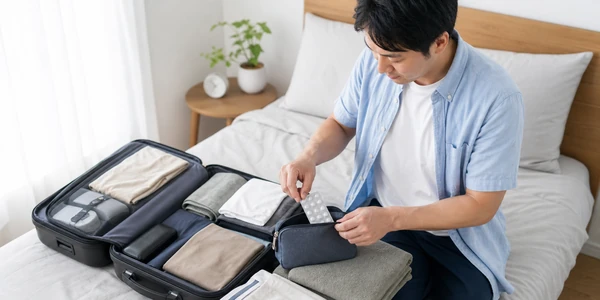 旅行用ポーチにAGA治療薬を準備する日本人男性