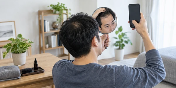 スマートフォンで頭髪を定期的に記録する日本人男性
