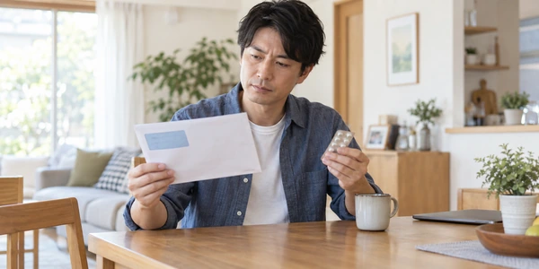 健康診断の結果とAGA治療薬について確認する日本人男性