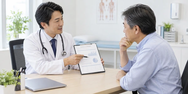 診察室でPSA検査と服薬について説明を受ける日本人男性